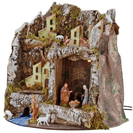 Pesebre iluminado con cueva y estatuas Landi cm 27x17x26 h