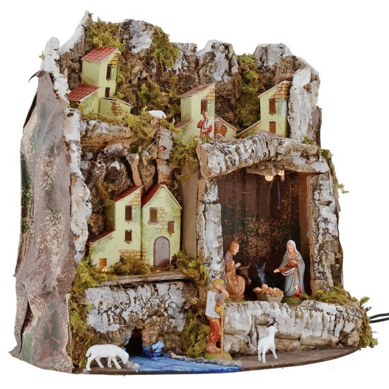Pesebre iluminado con cueva y estatuas Landi cm 27x17x26 h