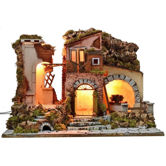 Illuminated nativity scene with working grinder cm 60x40x45 h