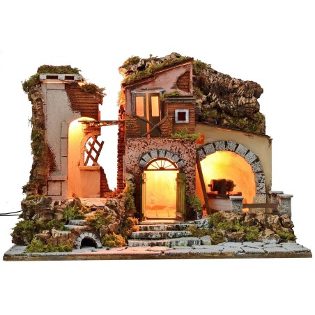 Illuminated nativity scene with working grinder cm 60x40x45 h