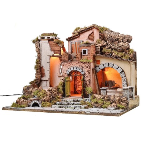 Illuminated nativity scene with working mill cm 60x40x45 h