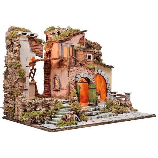 Illuminated nativity scene with working grinder cm 60x40x45 h