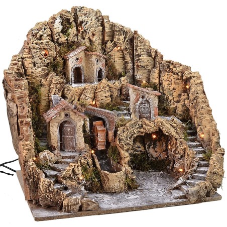 Belén iluminado con molino de agua y cascada cm 53x45x49 h