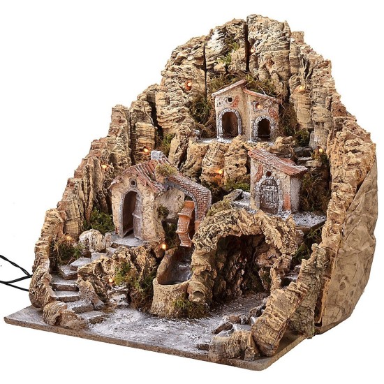 Presepe illuminato con mulino ad acqua e cascata cm 53x45x49 h