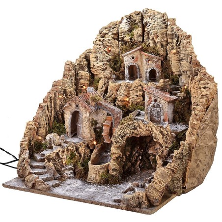 Pesebre iluminado con molino de agua y cascada de 53x45x49 cm h