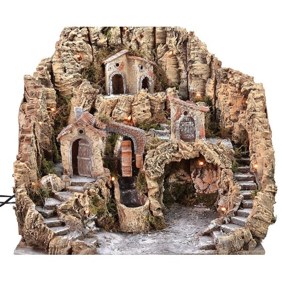 Presepe illuminato con mulino ad acqua e cascata cm 53x45x49 h