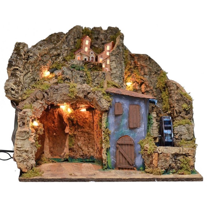 Nacimiento iluminado con molino de agua funcionando cm 45x30x41 h