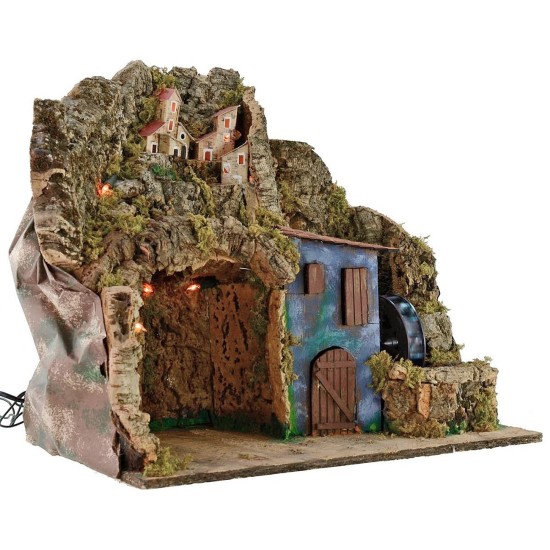 Pesebre iluminado con molino de agua funcionando de 45x30x41 cm