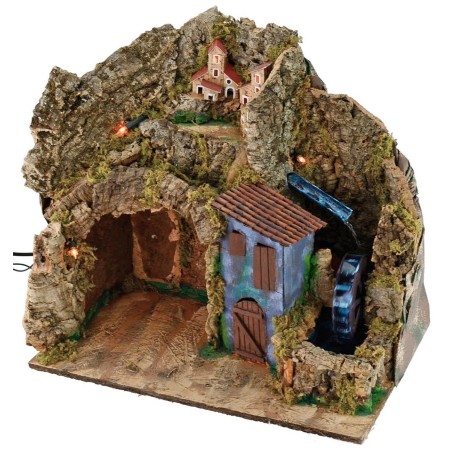 Pesebre iluminado con molino de agua funcionando de 45x30x41 cm