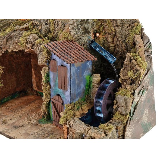 Illuminated nativity scene with working water mill cm 45x30x41 h