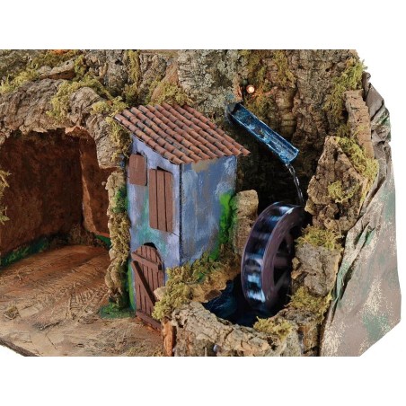 Pesebre iluminado con molino de agua funcional de 45x30x41 cm