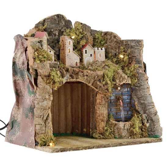 Presepe illuminato con paesaggio e fontana funzionante cm