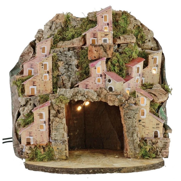 Pesebre iluminado con pueblo y cueva cm 20x20x24 h