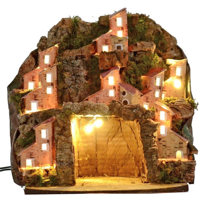 Pesebre iluminado con pueblo y cueva cm 20x20x24 h
