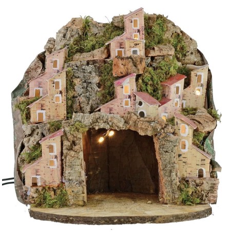 Pesebre iluminado con pueblo y cueva cm 20x20x24 h