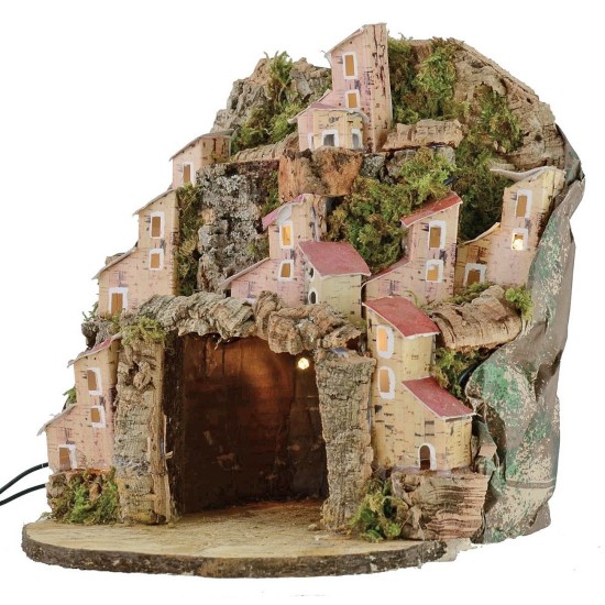 Pesebre iluminado con pueblo y cueva de 20x20x24 cm h Mundo.
