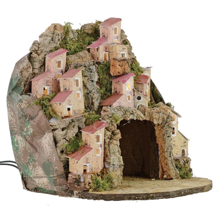 Pesebre iluminado con pueblo y cueva cm 20x20x24 h