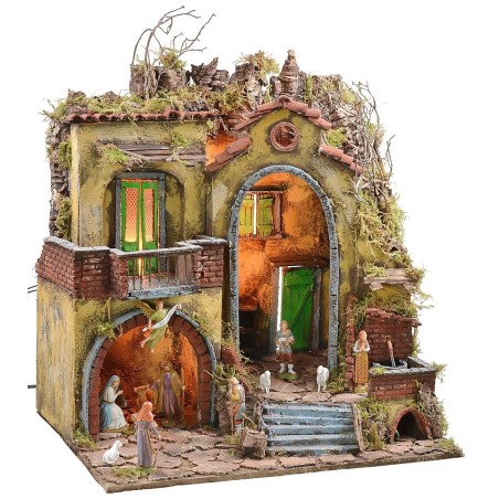 18th century style illuminated nativity scene with large arch
