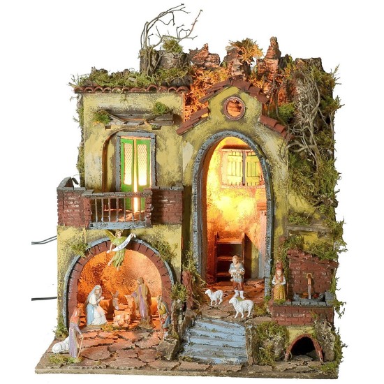 18th century style illuminated nativity scene with large arch