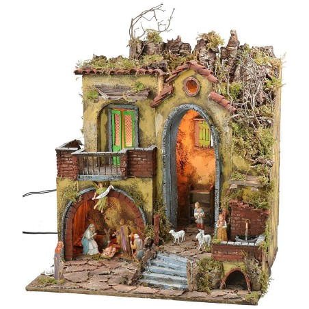 18th century style illuminated nativity scene with large arch