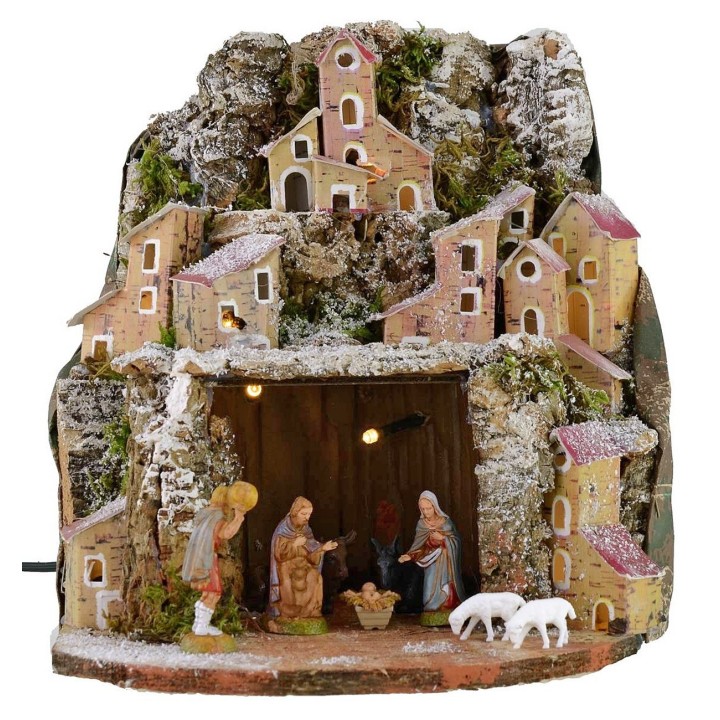 Nacimiento nevado iluminado completo con estatuas Landi