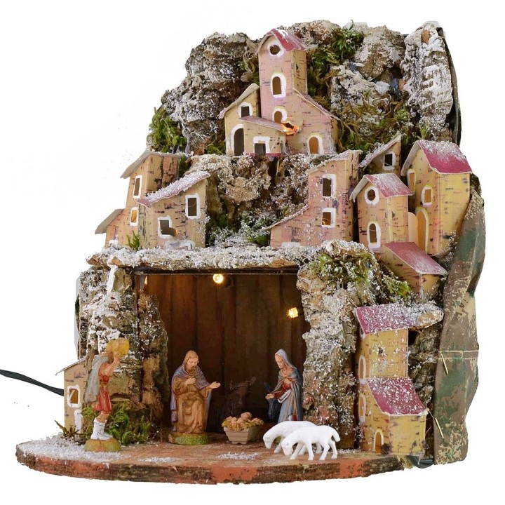 Nacimiento nevado iluminado completo con estatuas Landi