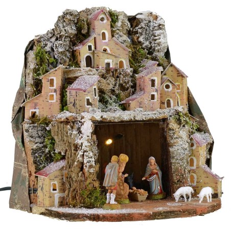 Nacimiento nevado iluminado completo con estatuas de Landi.