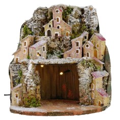 Belén nevado iluminado con pueblo y cueva de 20x20x24 cm h.