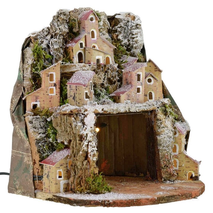 Belén nevado iluminado con pueblo y cueva cm 20x20x24 h