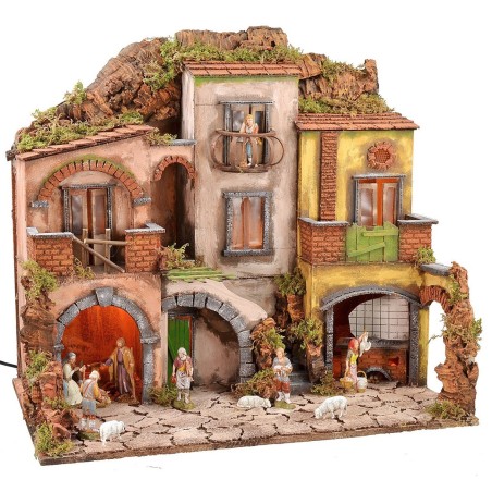 Pesebre napolitano iluminado completo con estatuas Landi con