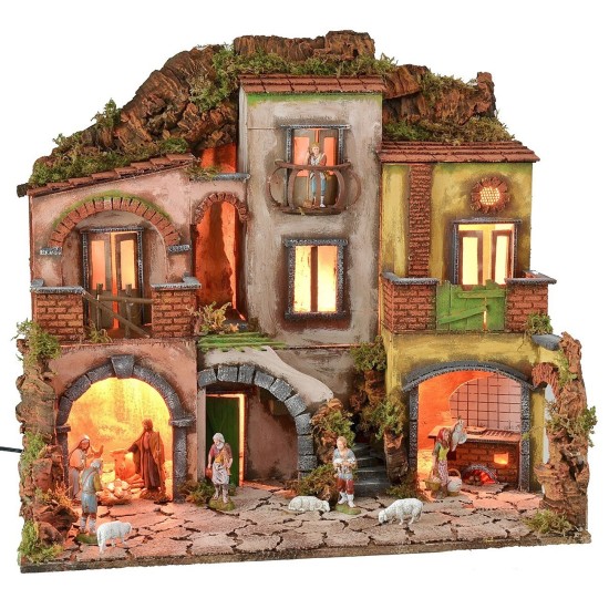 Illuminated Neapolitan nativity scene complete with Landi