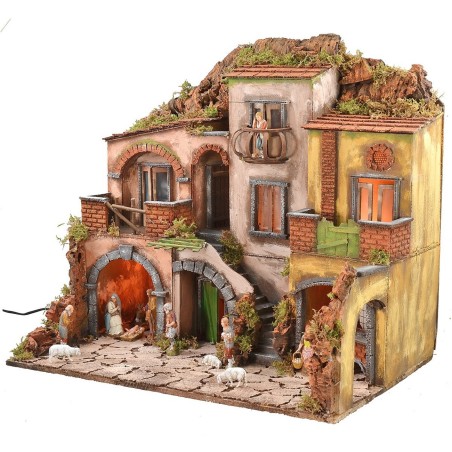 Pesebre napolitano iluminado completo con estatuas Landi con