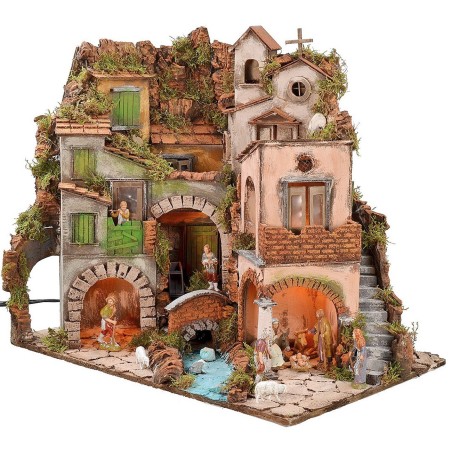 Illuminated Neapolitan nativity scene complete with Landi