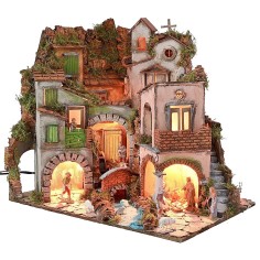 Belén napolitano iluminado completo con estatuas de Landi con 2