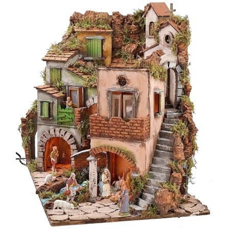 Presepe napoletano illuminato completo di statue Landi con