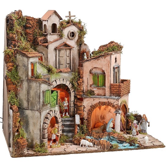 Presepe napoletano illuminato completo di statue Landi con