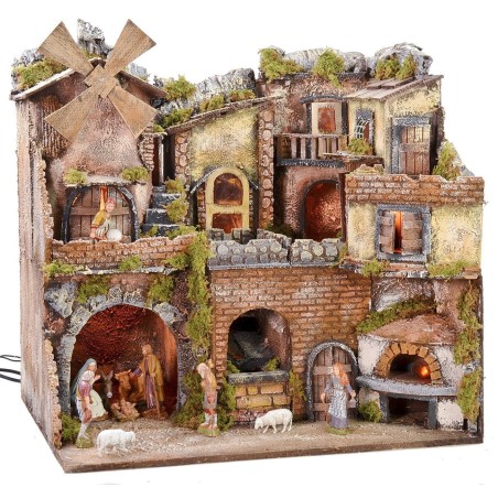 Presepe napoletano illuminato con forno, cascata e mulino a