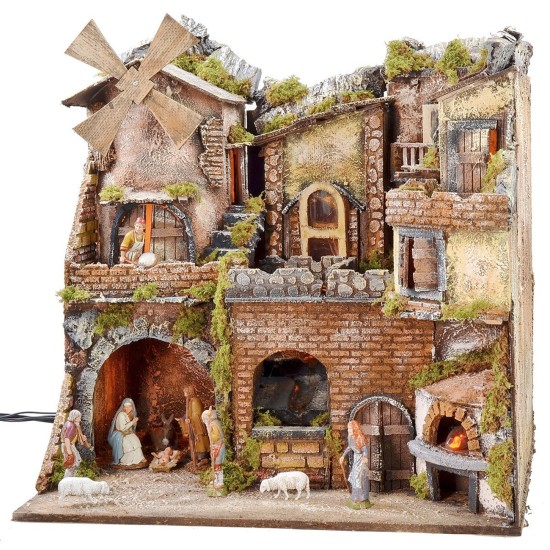 Presepe napoletano illuminato con forno, cascata e mulino a