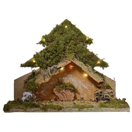 Tree with light-illuminated hut with piles of batteries cm