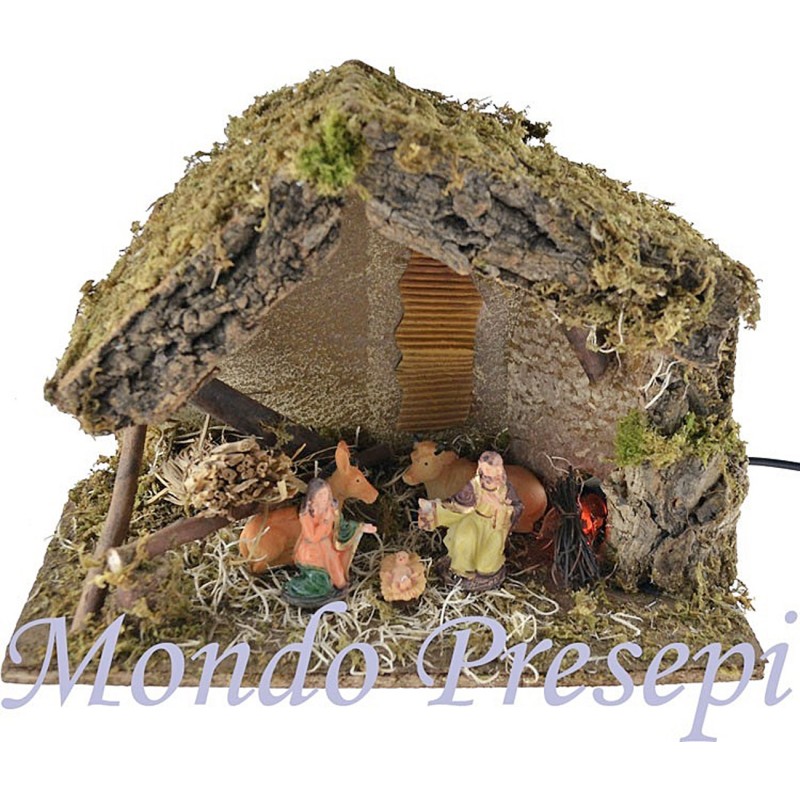 Hut with the nativity and fire cm 34x16x24