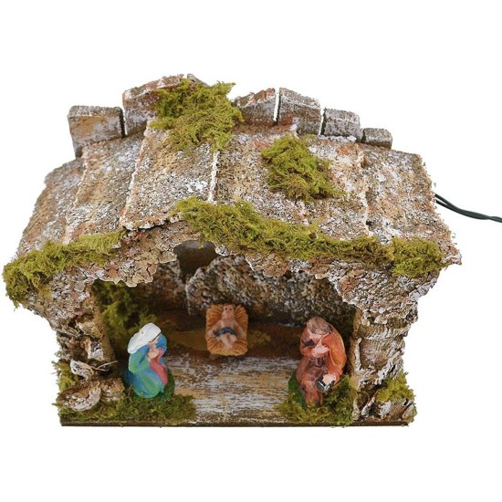 Capanna con natività e luce a batteria - Grotta presepe Mondo