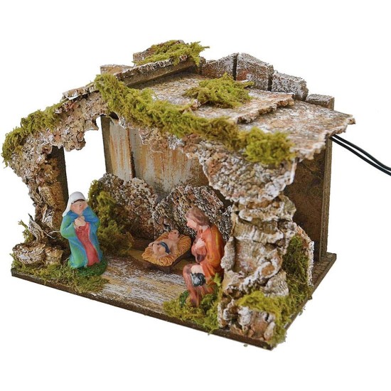 Capanna con natività e luce a batteria - Grotta presepe Mondo