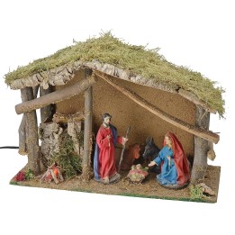 Cabaña con natividad de 15 cm + Fuego + Luz - Cod. 