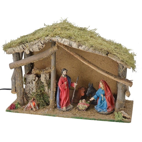 Cabaña con natividad de 15 cm + Fuego + Luz - Cod. 