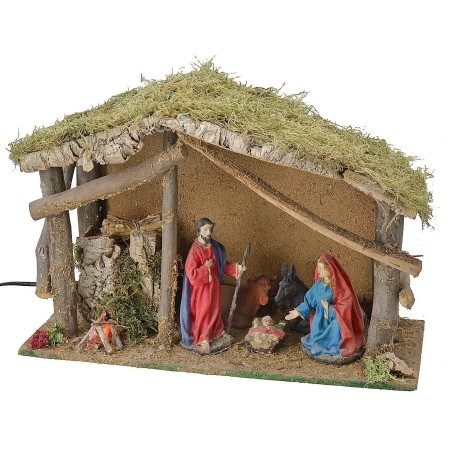 Cabaña con natividad de 15 cm + Fuego + Luz - Cod. 