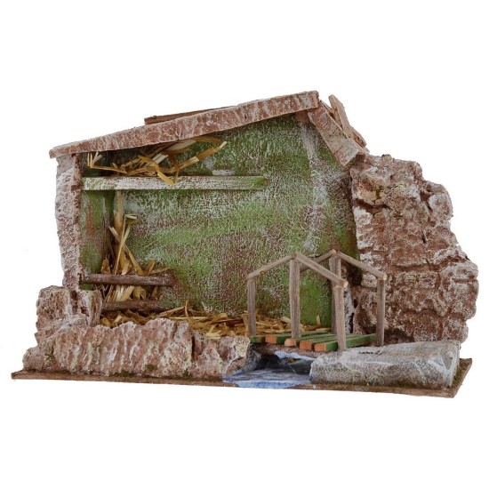 Cabaña con puente y arroyo de 29x14,5x19 cm de altura para