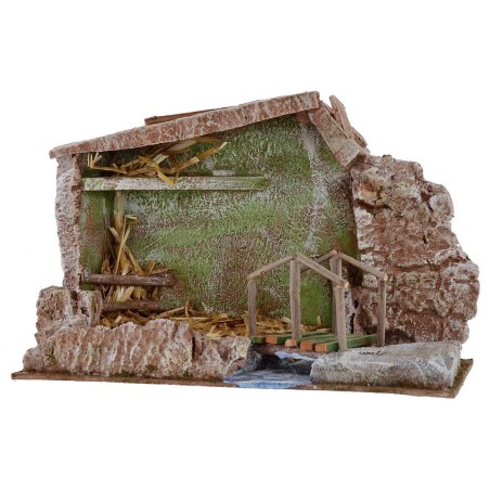 Cabaña con puente y arroyo de 29x14,5x19 cm de altura para