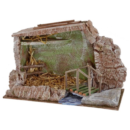 Cabaña con puente y arroyo de 29x14,5x19 cm de altura para