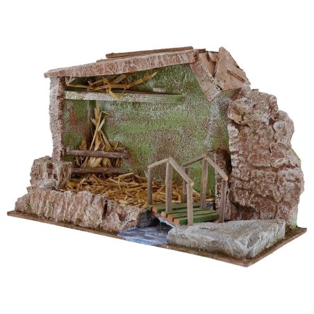 Cabaña con puente y arroyo de 29x14,5x19 cm de altura para