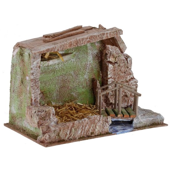 Cabaña con puente y arroyo de 29x14,5x19 cm de altura para